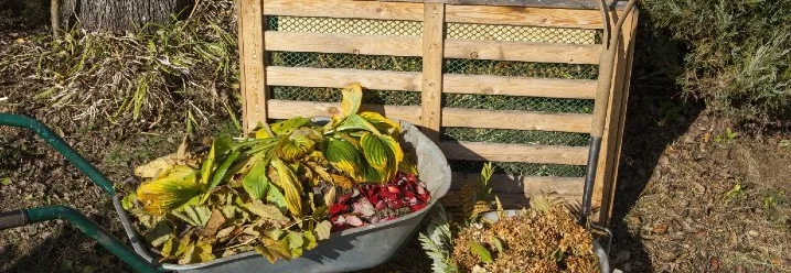 Gartenabfälle in Schubkarre und Komposter